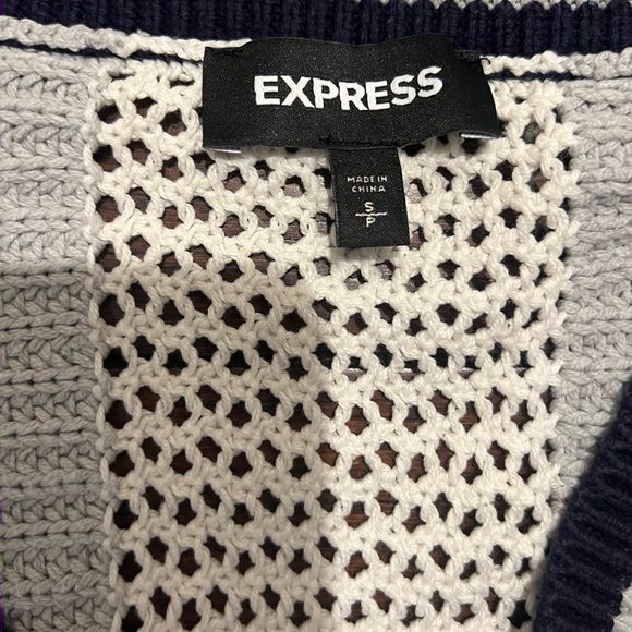 Express Woman’s Varsity V-Neck Sweater. White and blue. Size small. - Picture 5 of 6